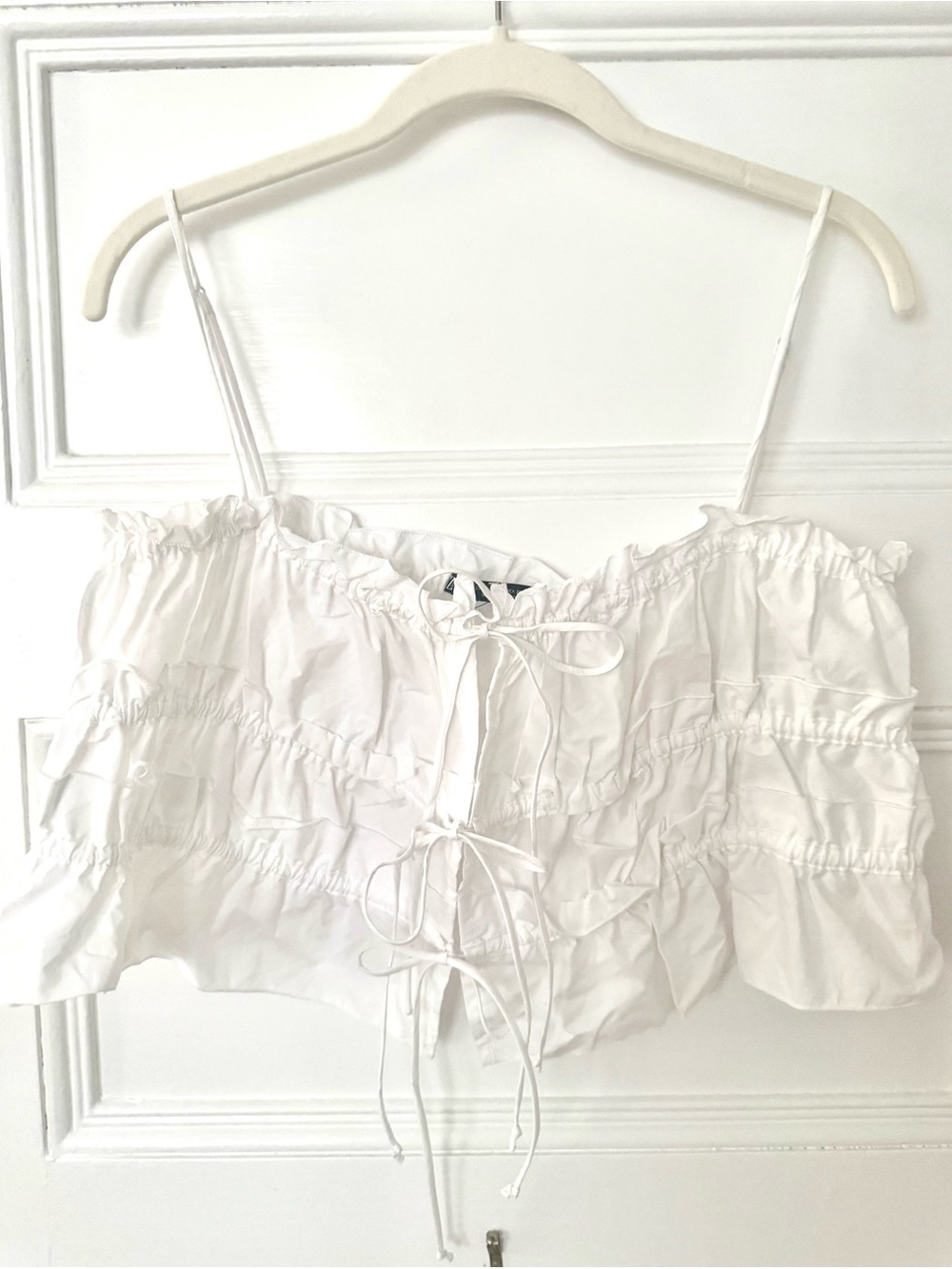 Zara White Ruffled Spaghetti Straps Crop Top